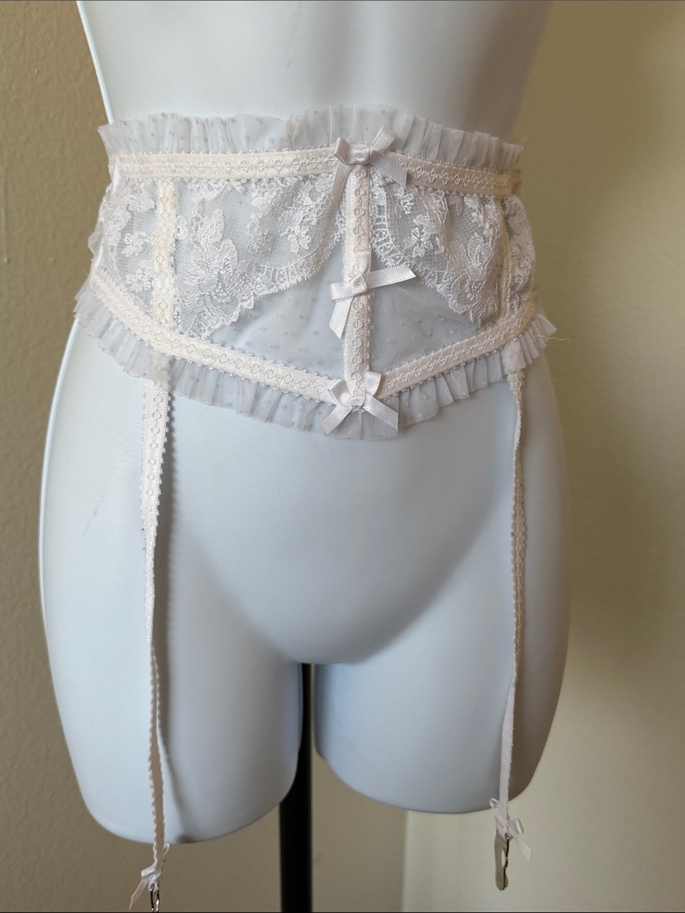 For Love & Lemons Sheer Cream Lace Garter Belt with Ruffle Trim